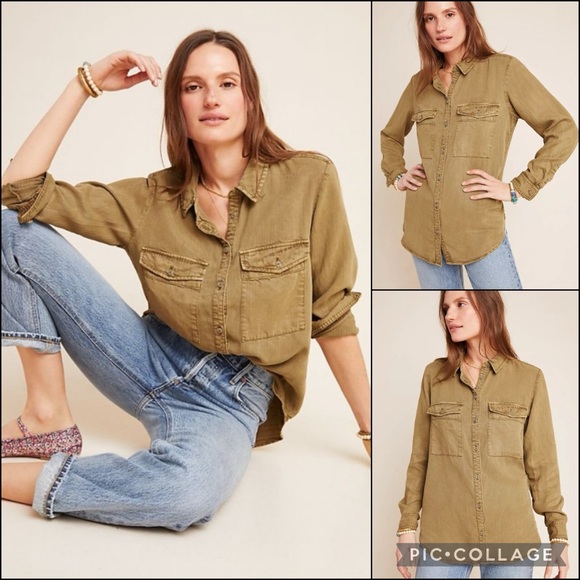 Anthro Pilcro Olive Cargo Pocket Buttondown Shirt Top - Picture 2 of 13